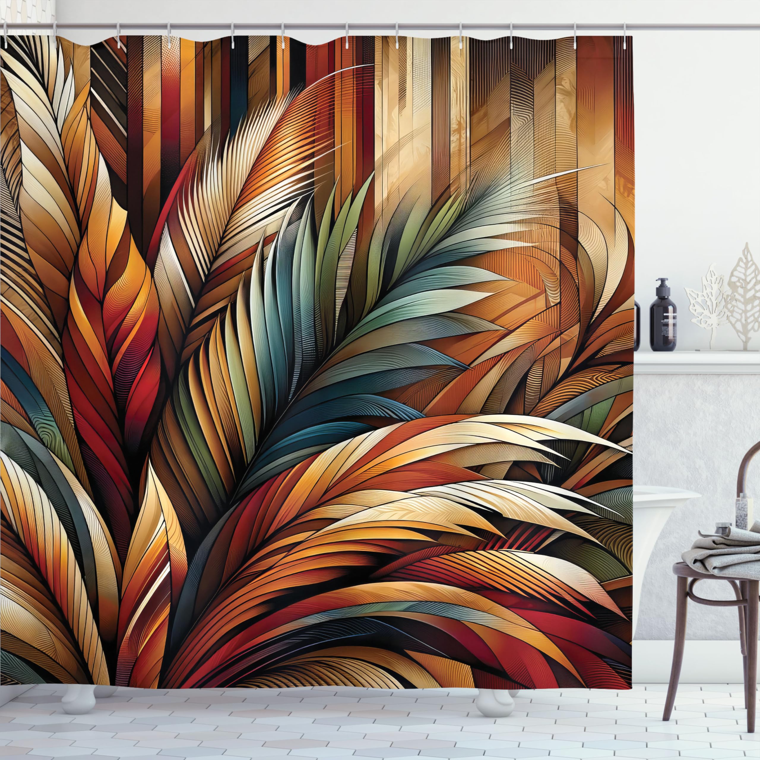 Ambesonne Aesthetic Shower Curtain, Boho Concept In Bold Exotic Leaves In Warm Tones On Rustic Back, Cloth Fabric Bathroom Decor